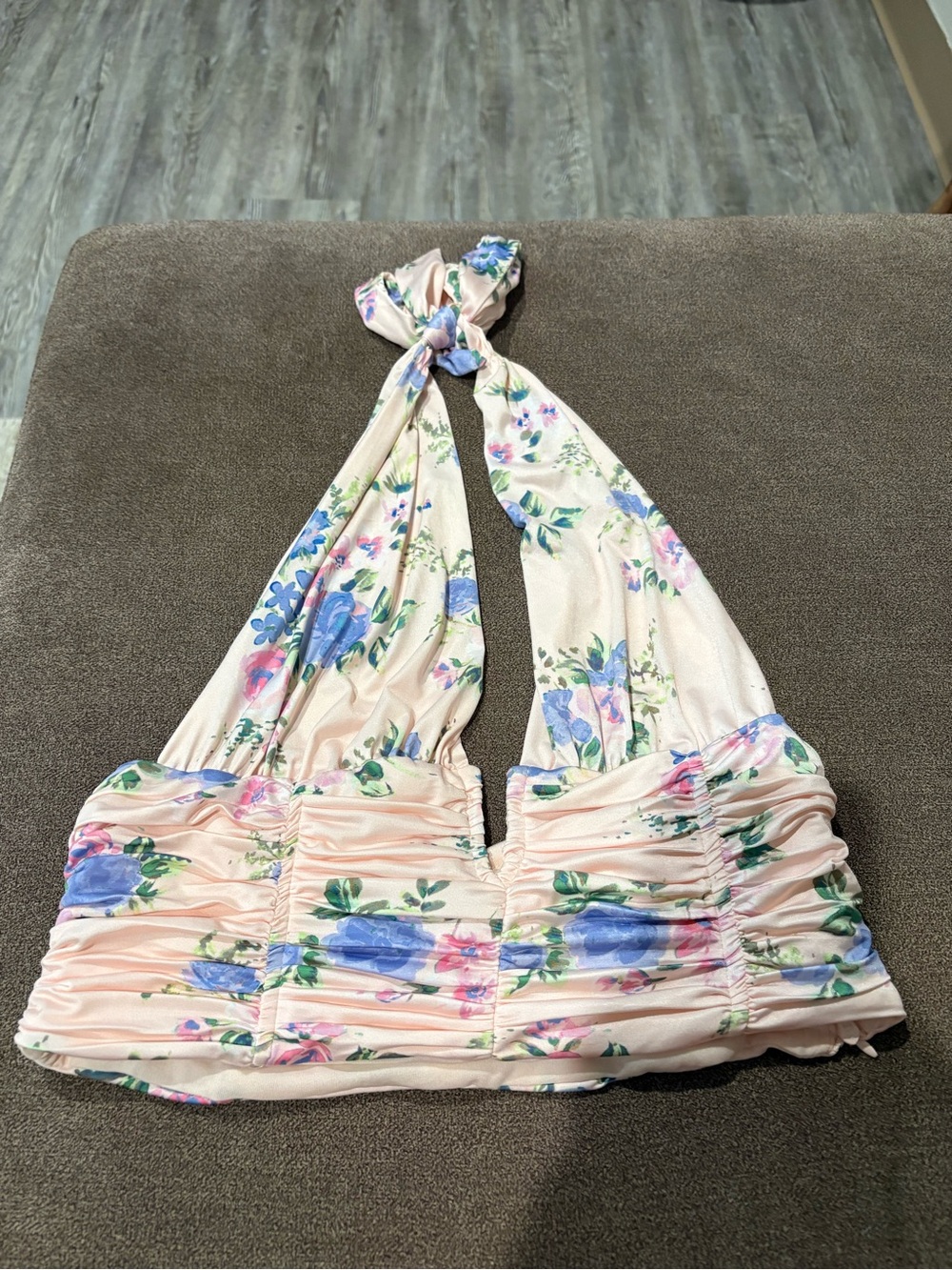 Zara Pink Floral Halter Crop Top with Blue & Green Accents